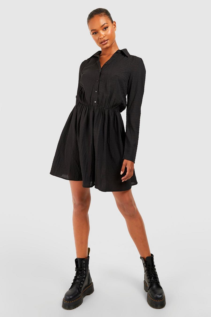 Black Tall Crinkle Texture Skater Shirt Dress image number 1