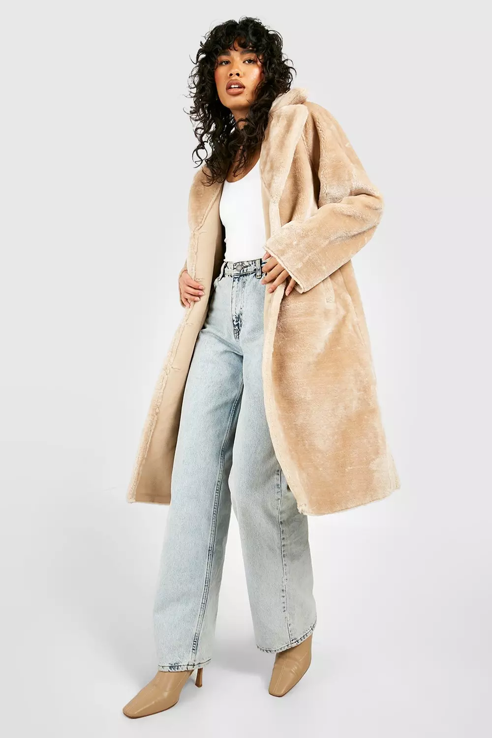 Beige Cropped Manhattan Faux Fur Coat | JLUXLABEL