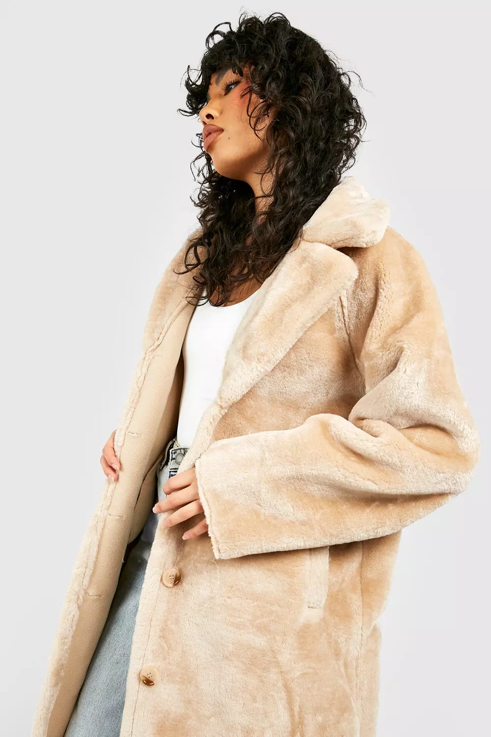 Beige Cropped Manhattan Faux Fur Coat | JLUXLABEL