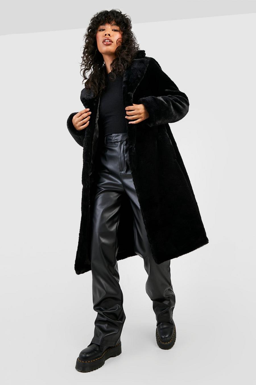 Black schwarz Textured Faux Fur Coat