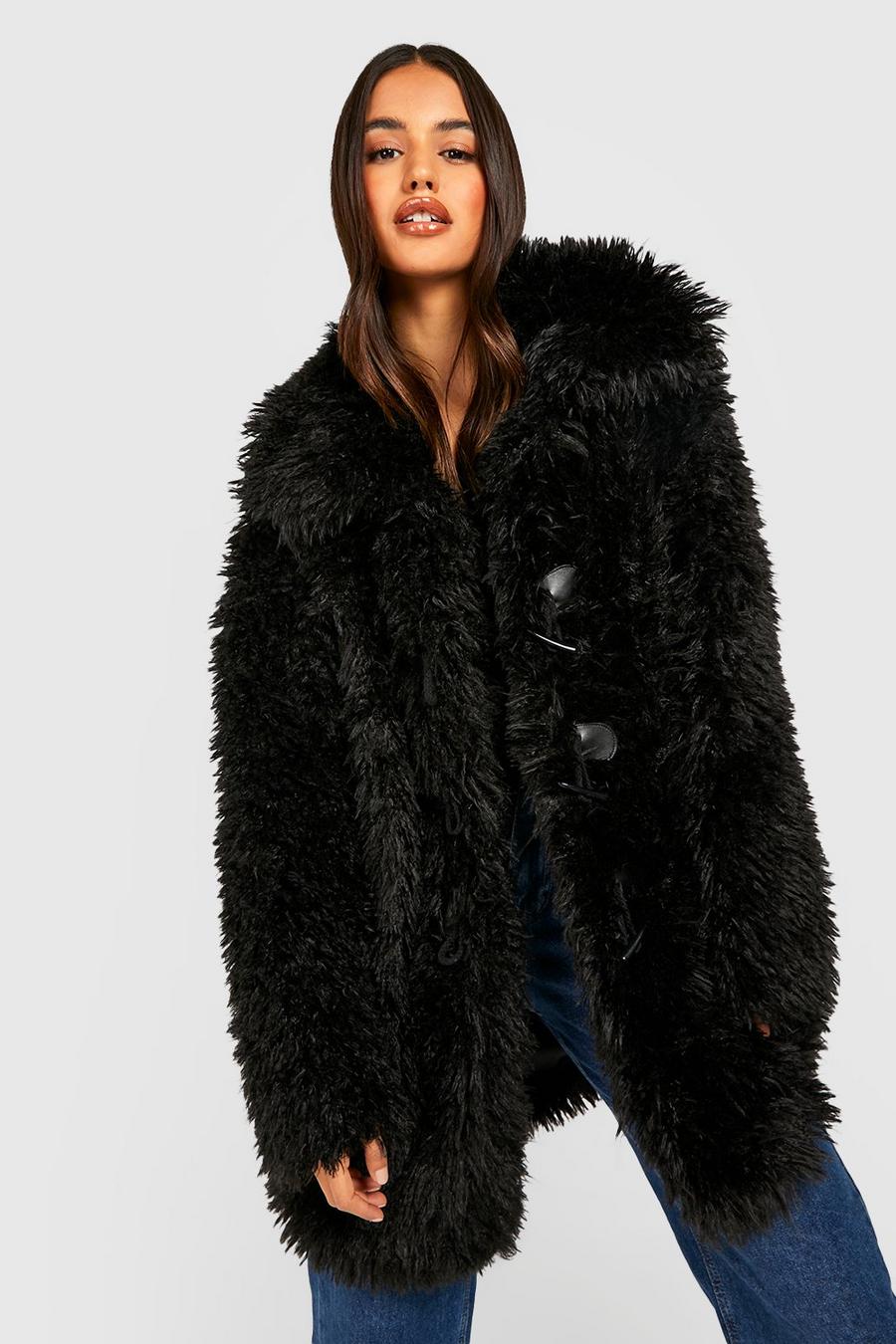 Black Shaggy Teddy Fur Duffle Coat