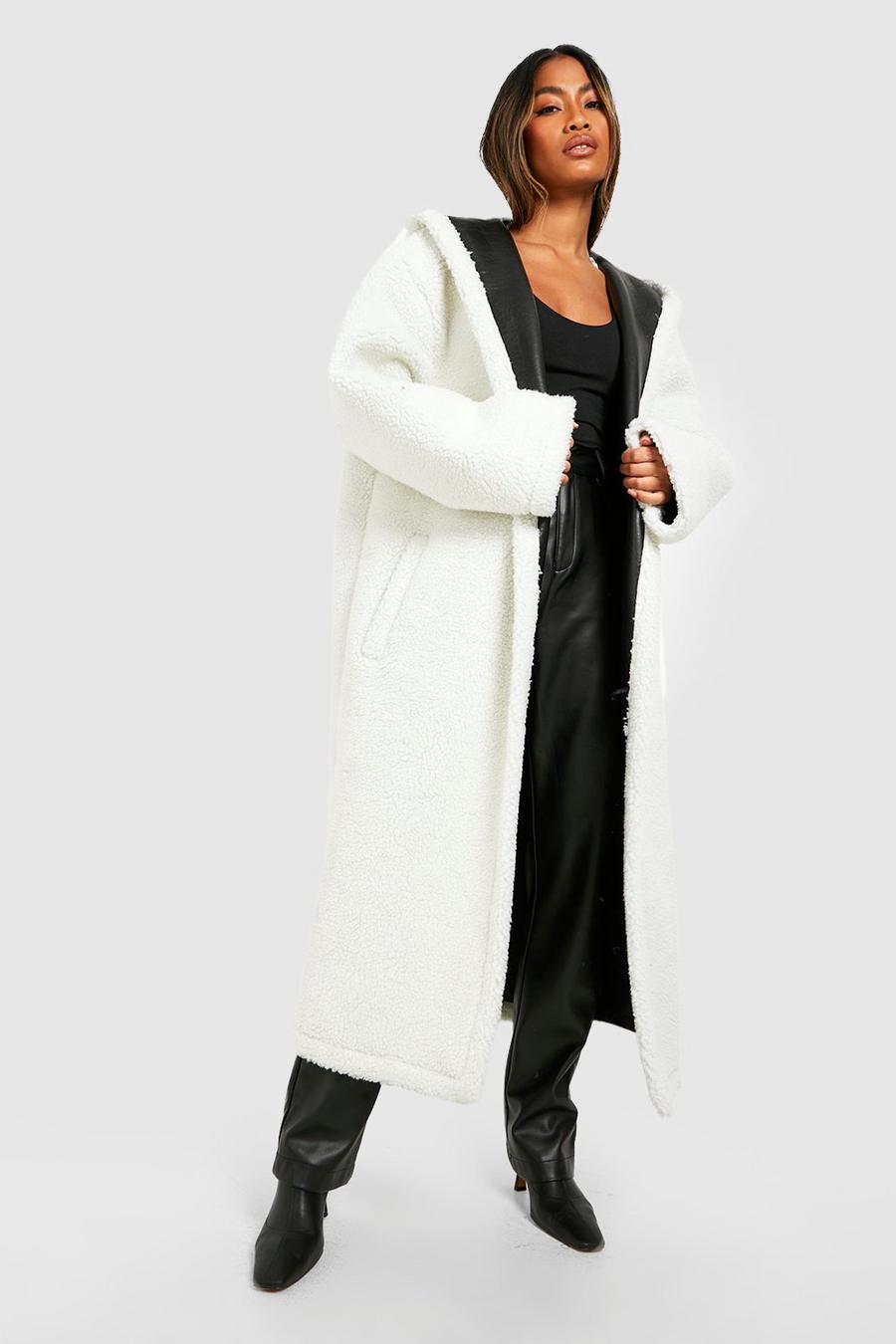 Cream white Faux Leather Lined Maxi Teddy Coat
