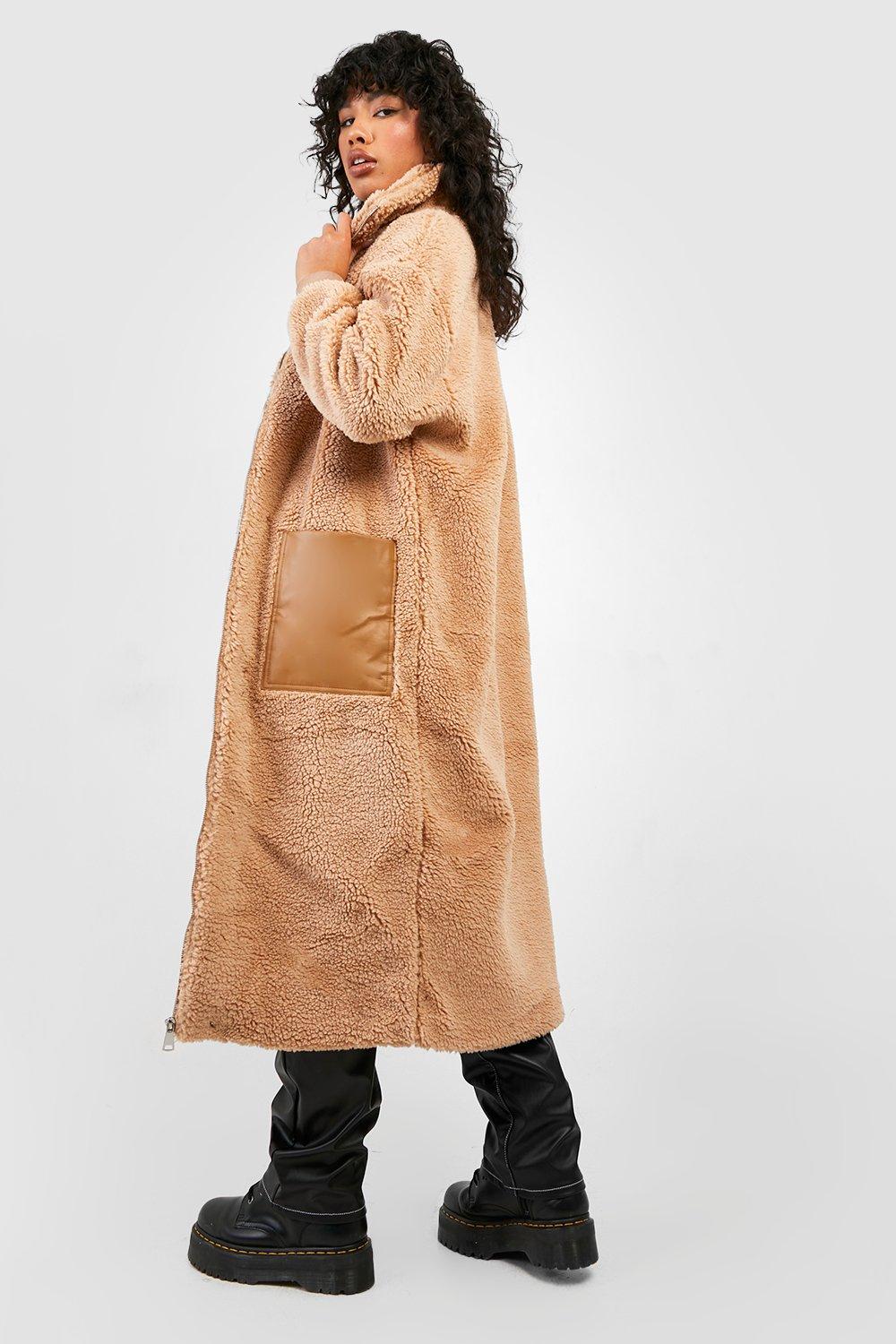 Camel long hot sale teddy coat