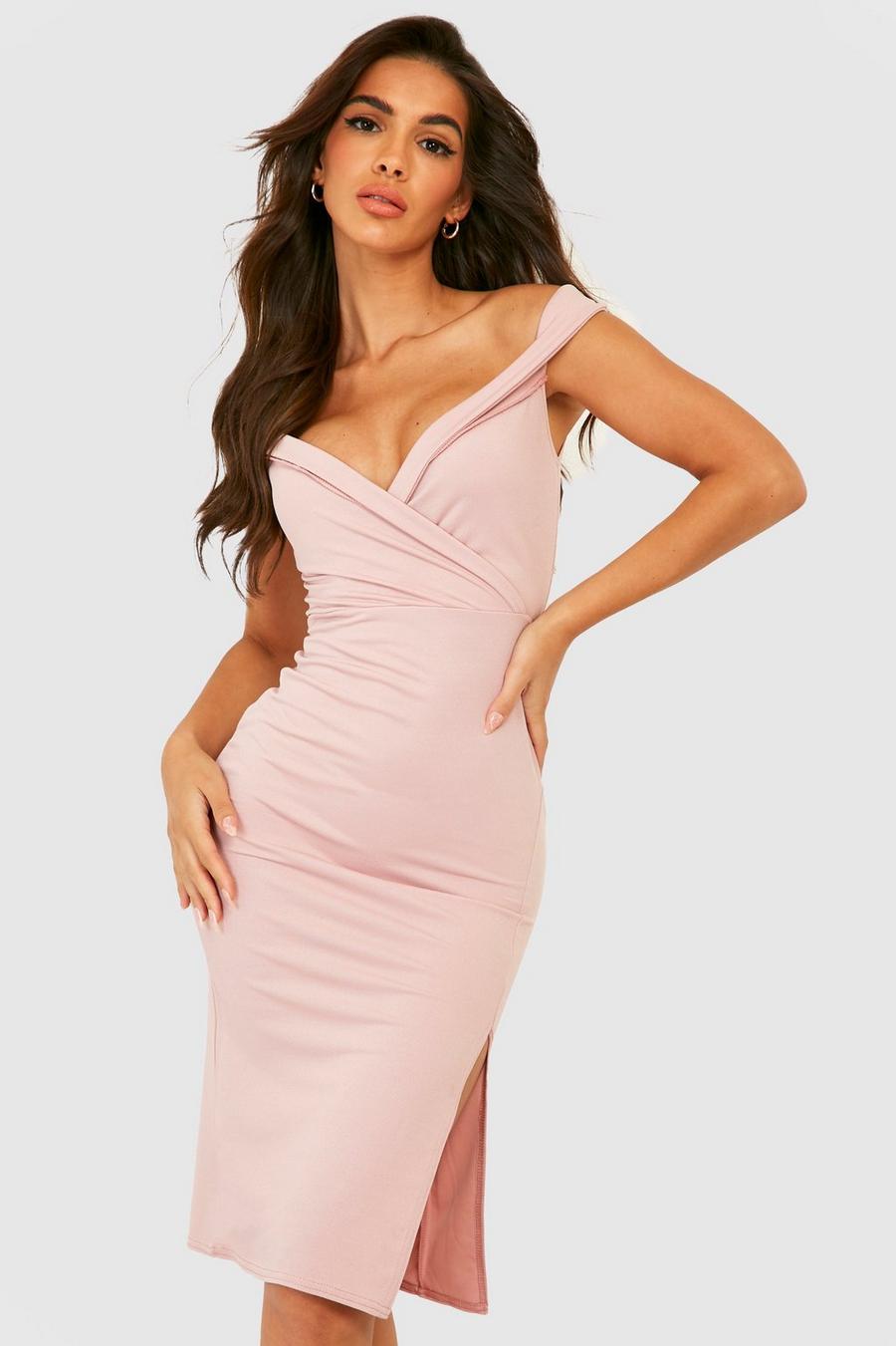 Blush pink Off The Shoulder Split Midi Dress