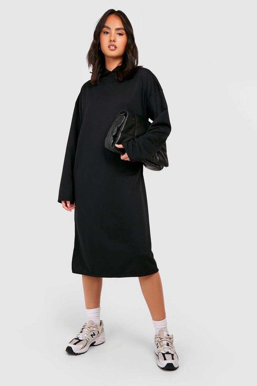 Black Oversized Longline Hooded Sweatshirt Dress