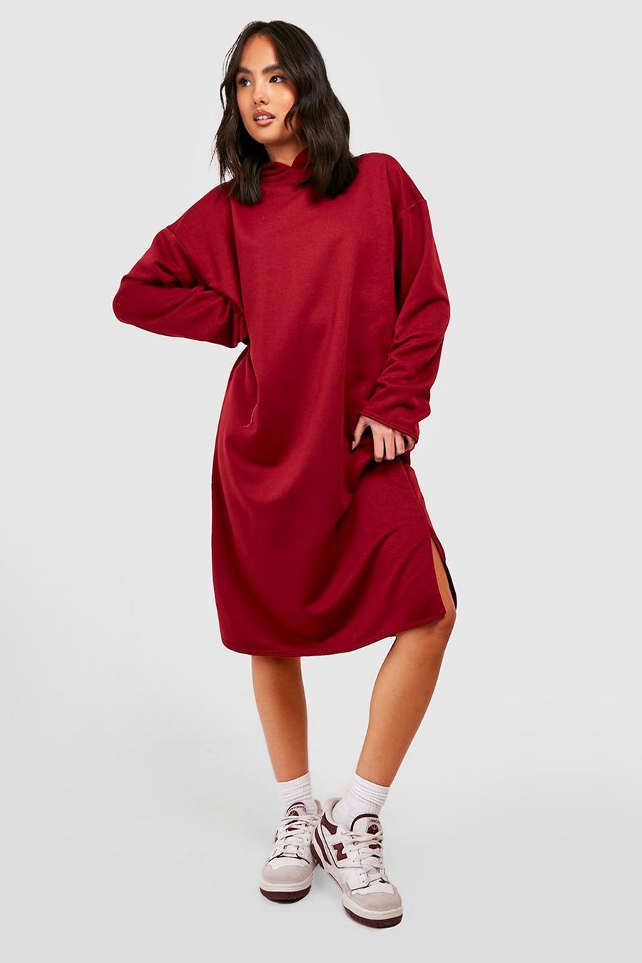 Wine red Oversized Longline Hooded Sweatshirt Dress image number 1