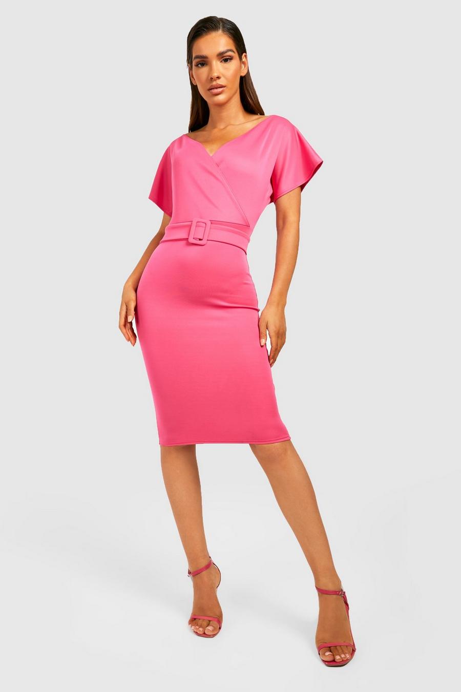Cerise pink Scuba Wrap Belted Midi Dress