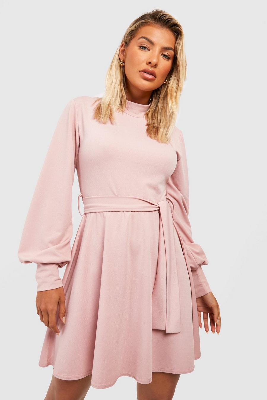 Blush pink Blouson Sleeve Belted Skater Dress image number 1