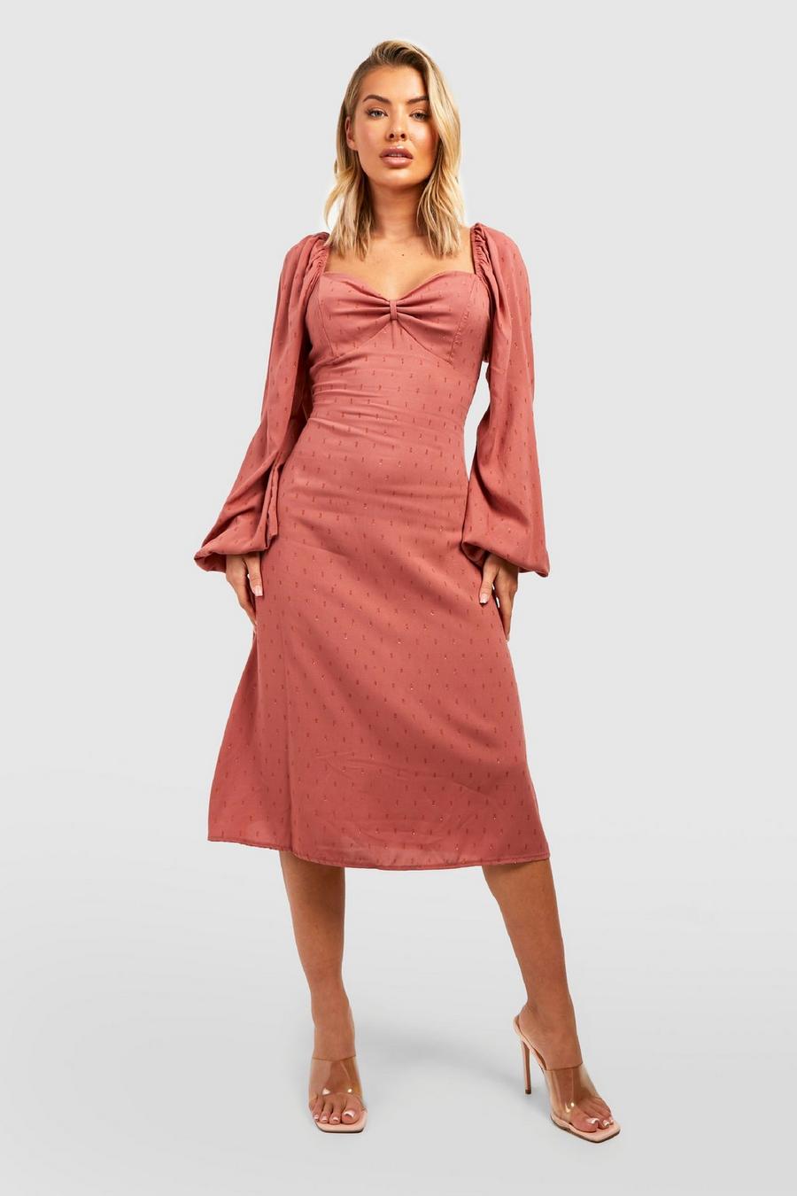 Rose Metallic Dobby Puff Sleeve Midi Dress image number 1