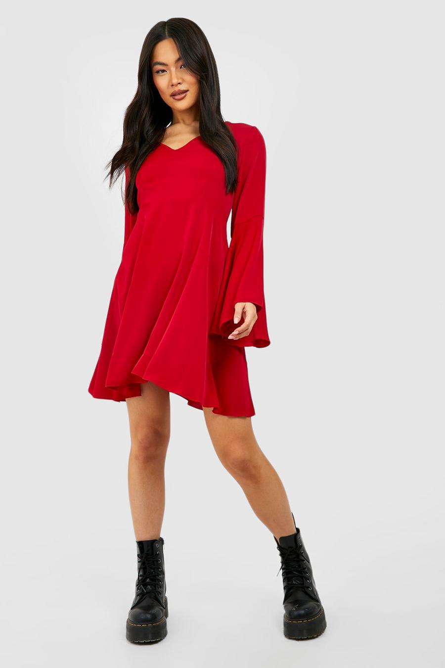 Berry red Extreme Frill Sleeve Satin Smock Dress image number 1