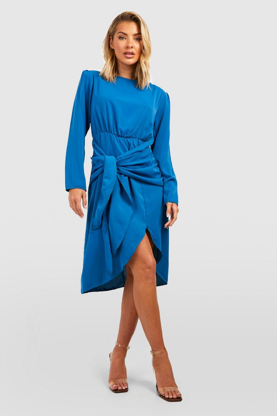 Bright blue Shoulder Pad Structured Wrap Midi Dress