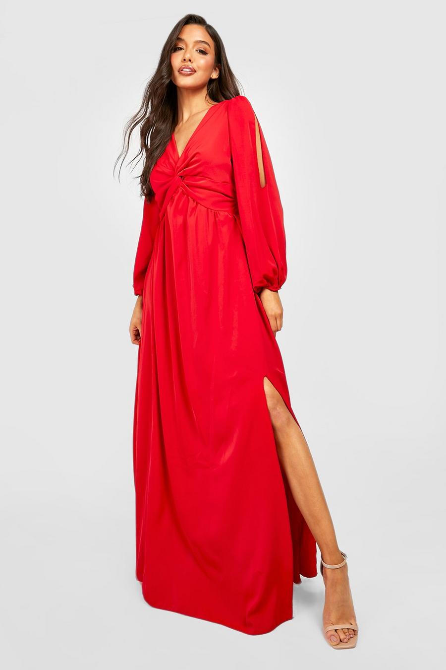 Red Twist Detail Split Sleeve Maxi Dress image number 1