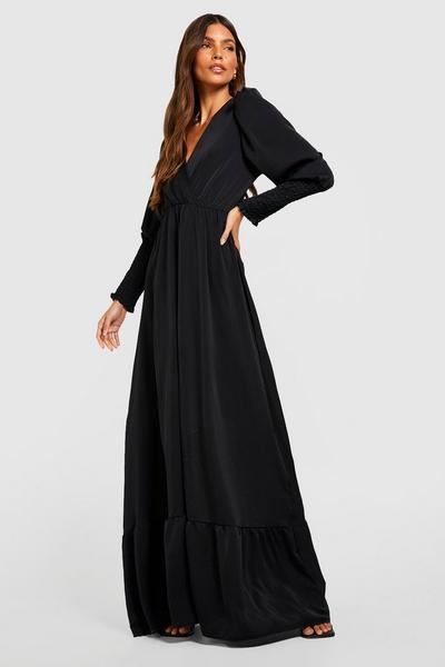 boohoo black Shirred Cuff Frill Hem Maxi Dress