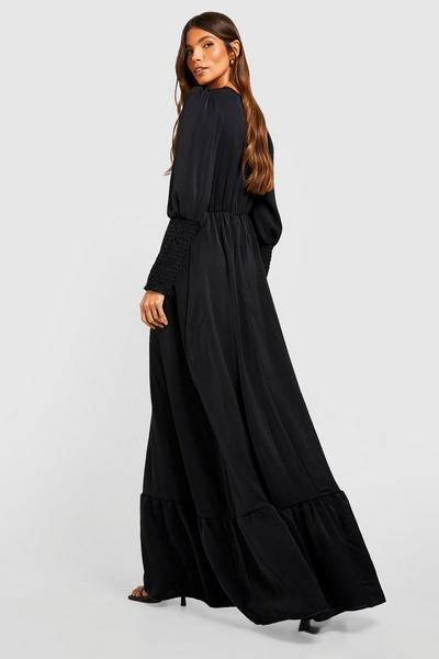 boohoo black Shirred Cuff Frill Hem Maxi Dress