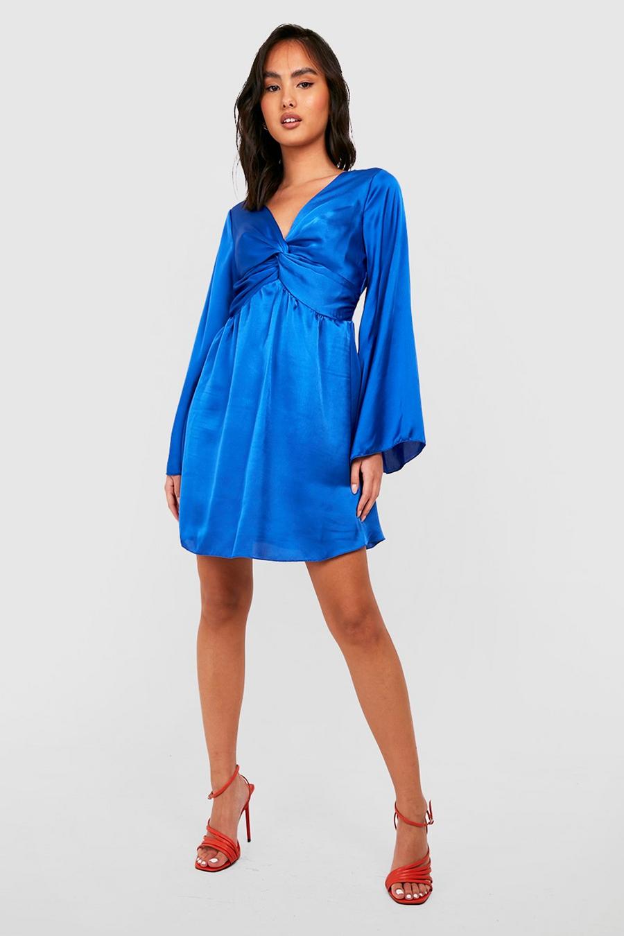 Cobalt blue Satin Twist Flare Sleeve Skater Dress