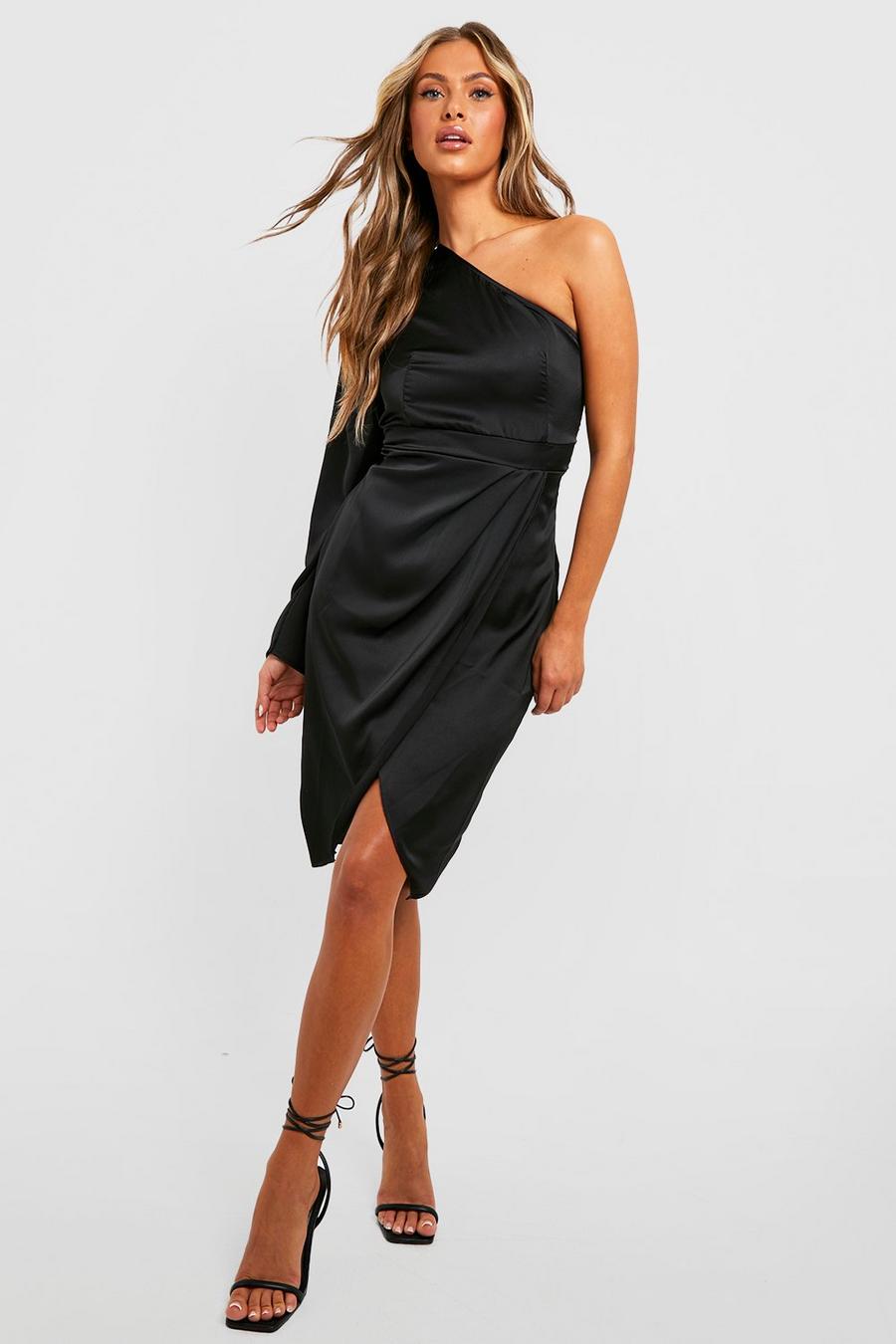 Black Satin Asymmetric Draped Midi Dress image number 1