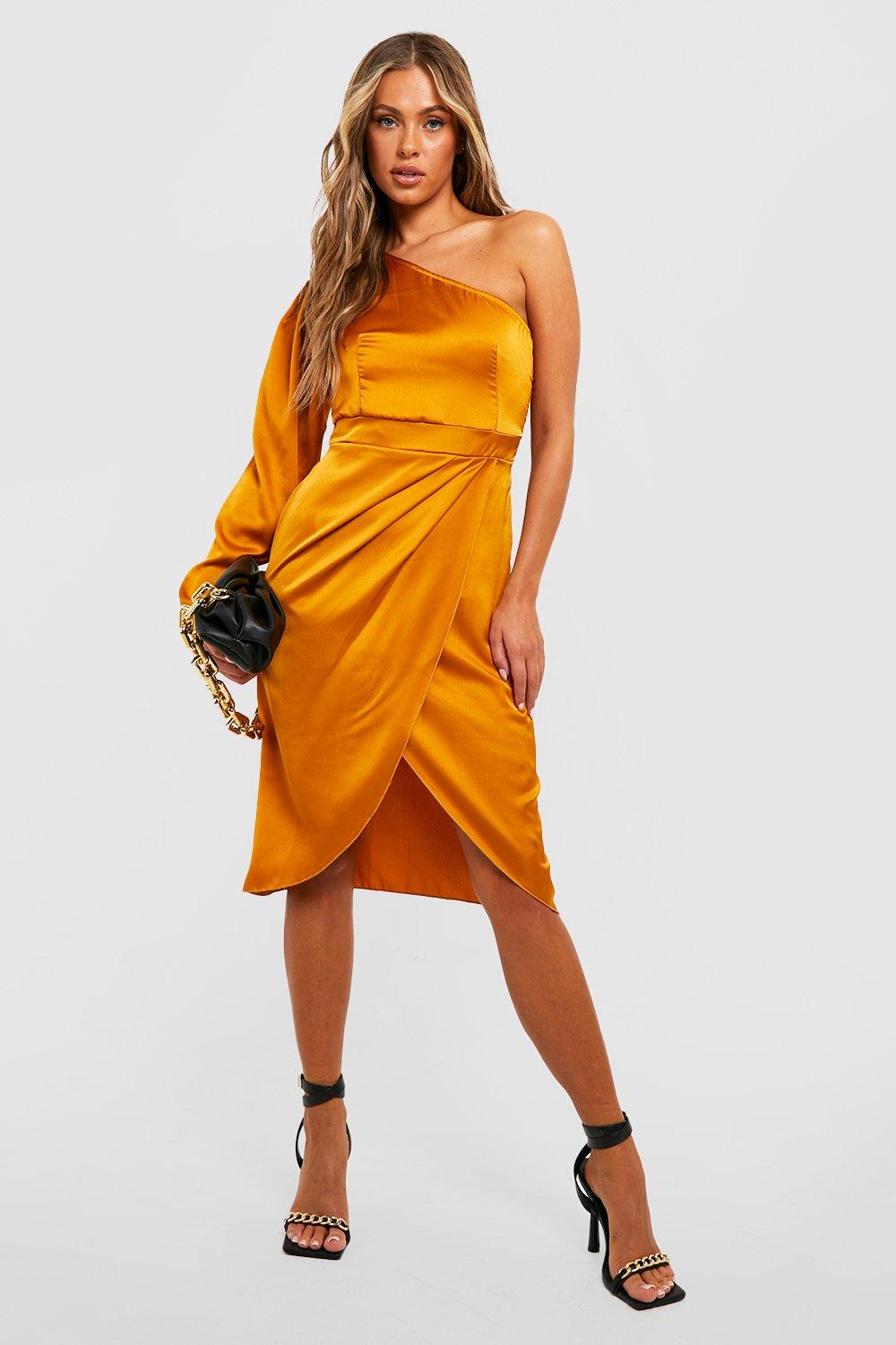 Satin Asymmetric Draped Midi Dress