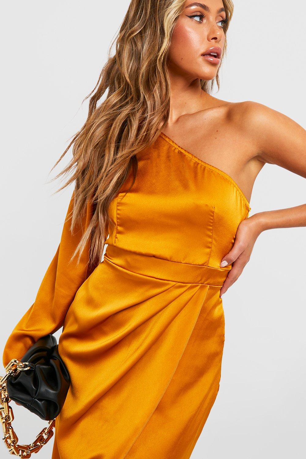 Yellow one shoulder store draped midi dress