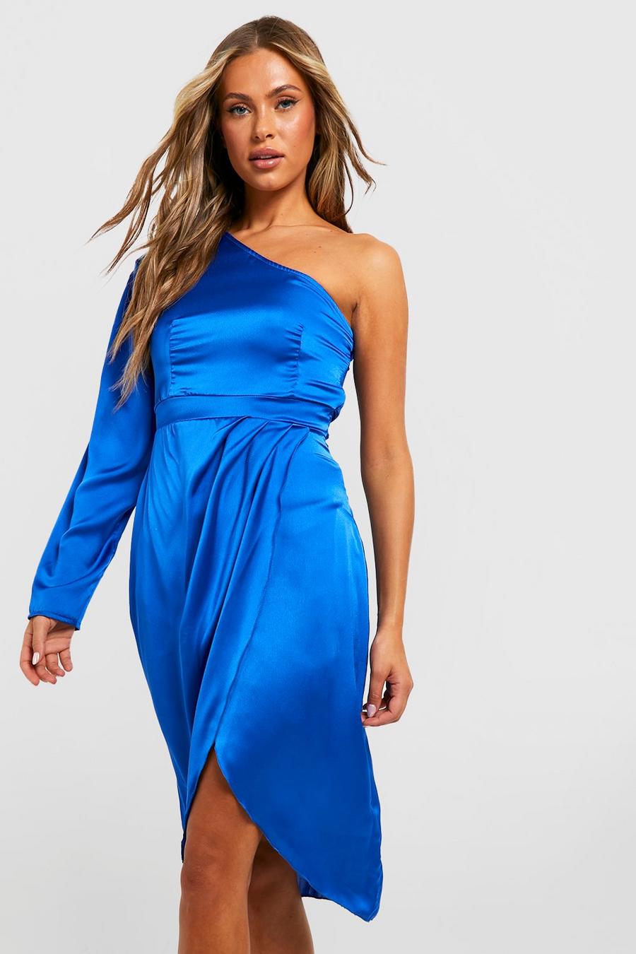 Cobalt blue Satin Asymmetric Draped Midi Dress image number 1