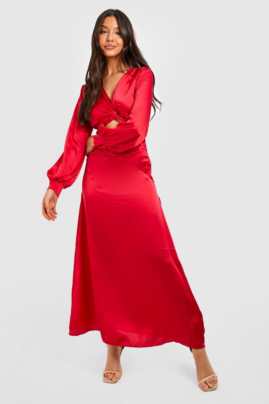 Robe longue satinée torsadée à découpes, Red rouge