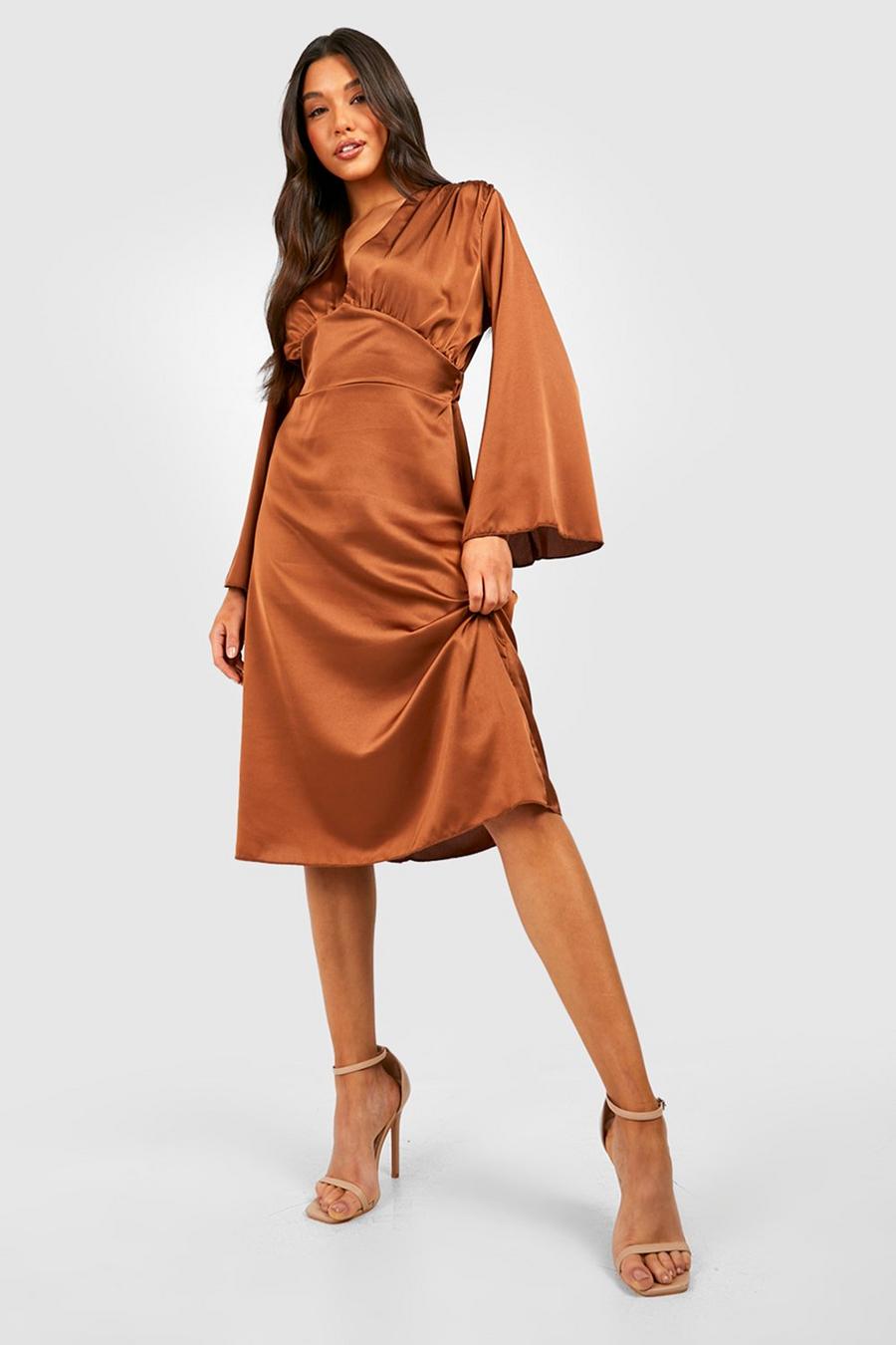 Chocolate brown Satin Batwing Plunge Midi Dress