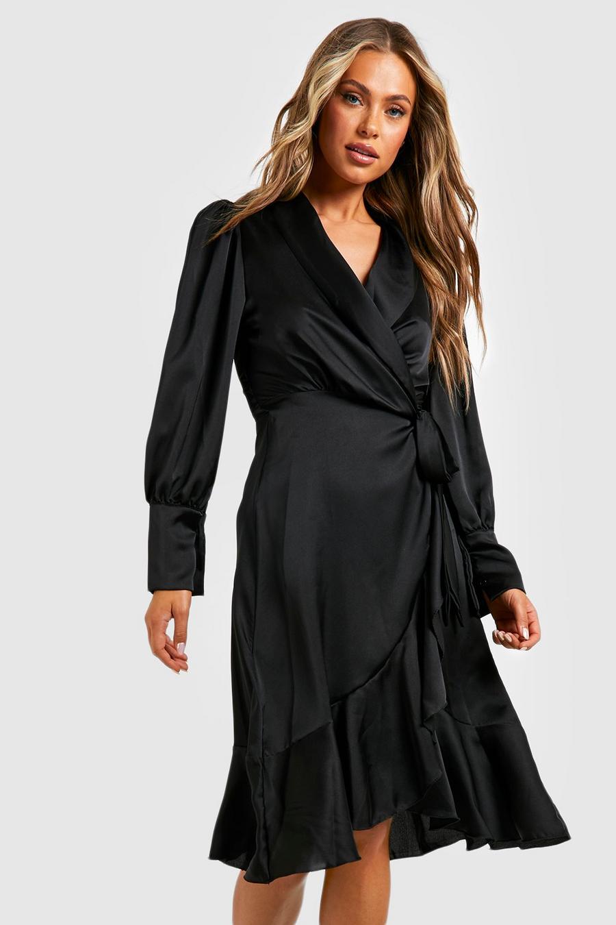 Black Satin Ruffle Wrap Midi Dress image number 1