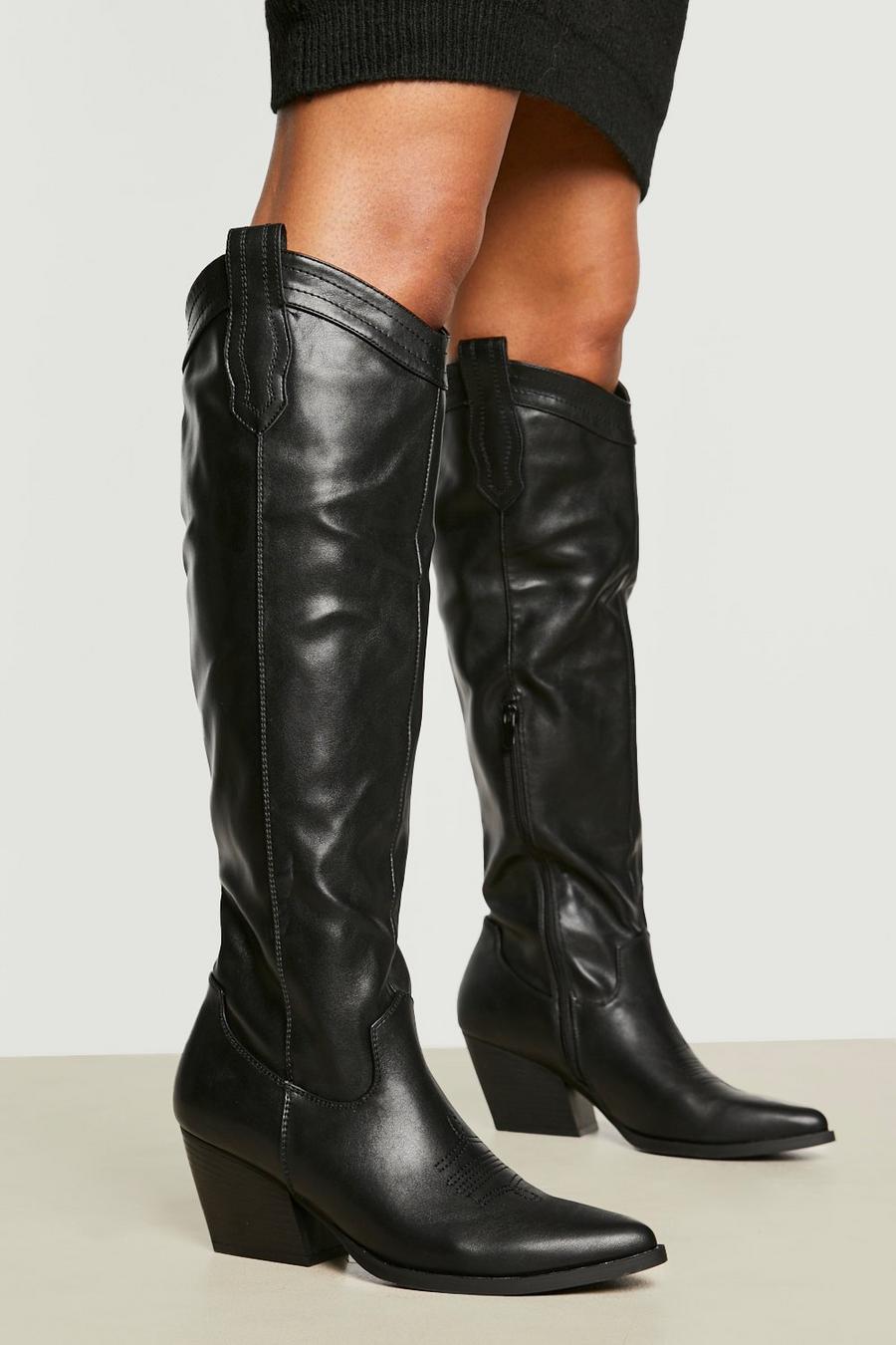 Black schwarz Tab Detail Knee High Western Cowboy Boots