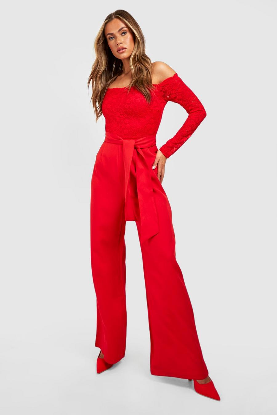 Red Lace Bardot Bow Detail Wide Leg Jumpsuit image number 1