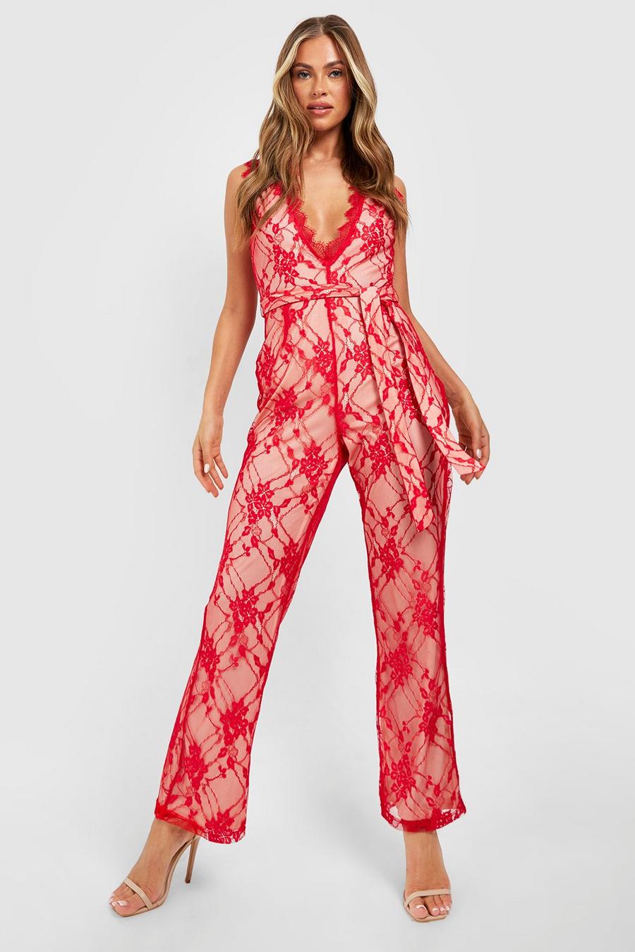 Red Lace Plunge Tie Detail Straight Leg Jumpsuit image number 1