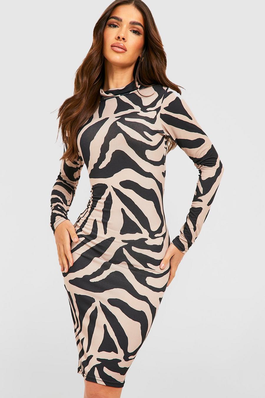 Black Zebra Turtleneck Midi Dress