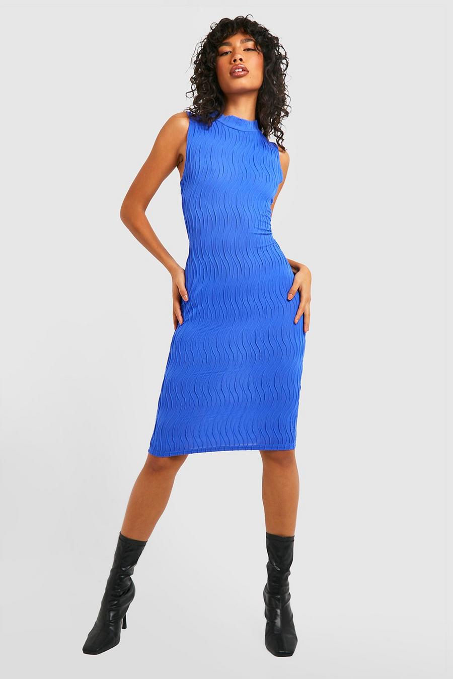 Cobalt Textured Wave High Neck Midi Dress image number 1