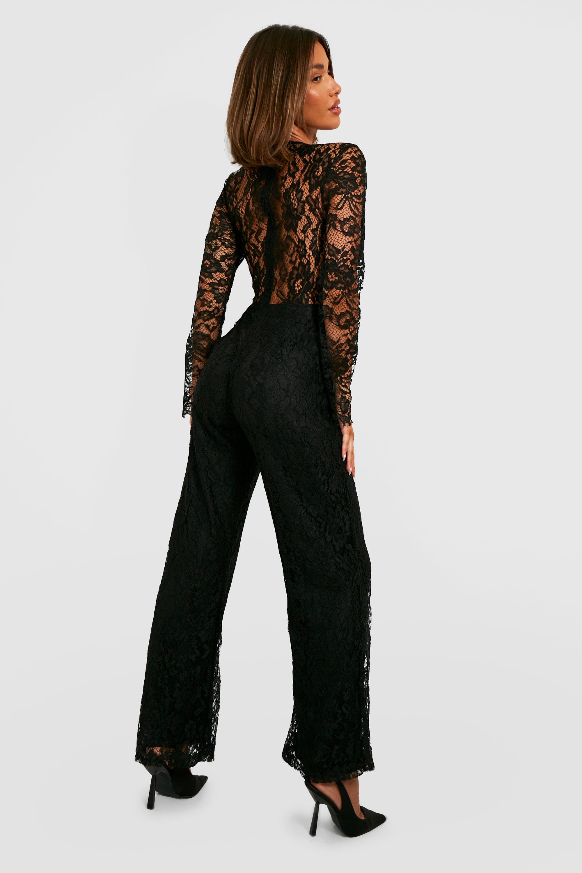 Boohoo black lace store jumpsuit