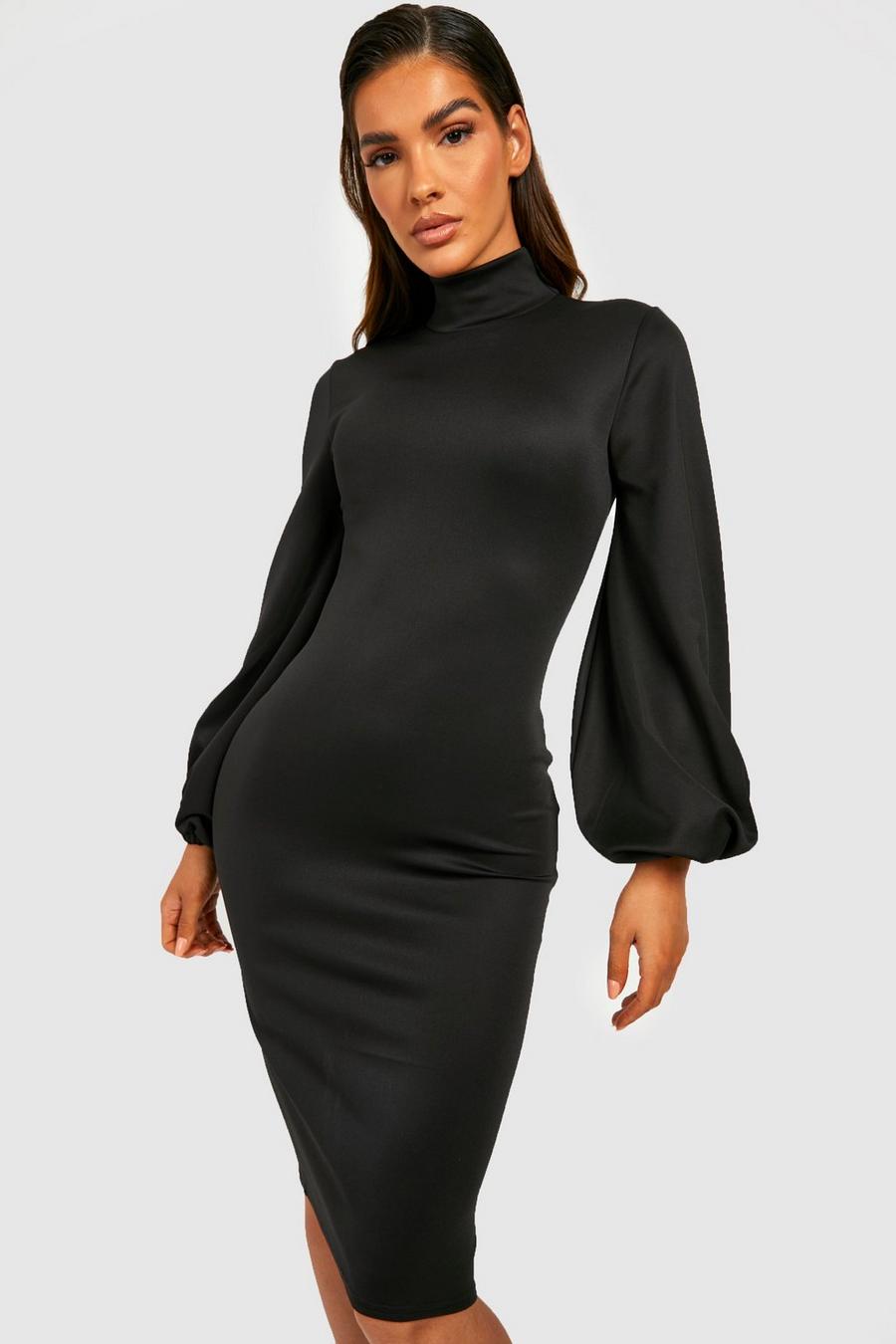 Black High Neck Scuba Blouson Sleeve Midi Dress image number 1