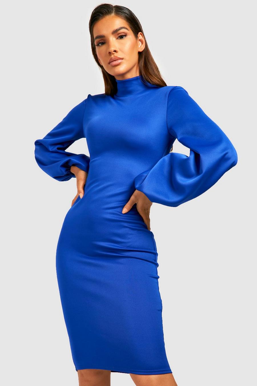 Cobalt blue High Neck Scuba Blouson Sleeve Midi Dress