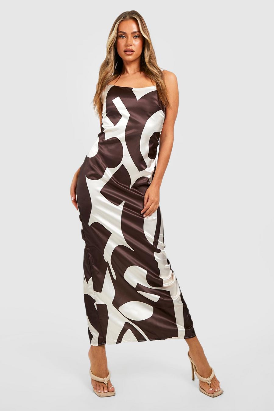 Chocolate brown Abstract Print Strappy Maxi Dress