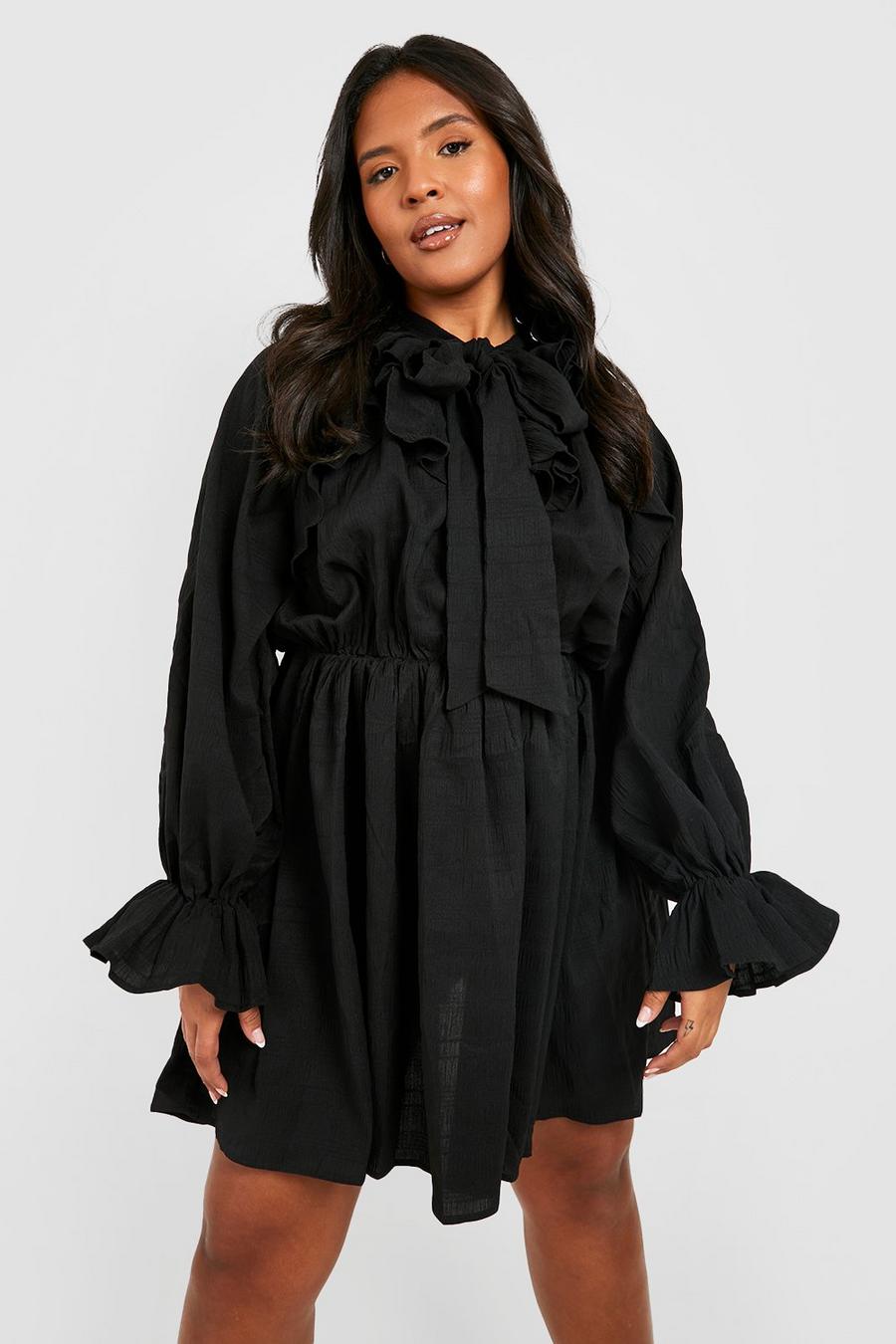 Black Plus Woven Textured Pussybow Smock Dress image number 1