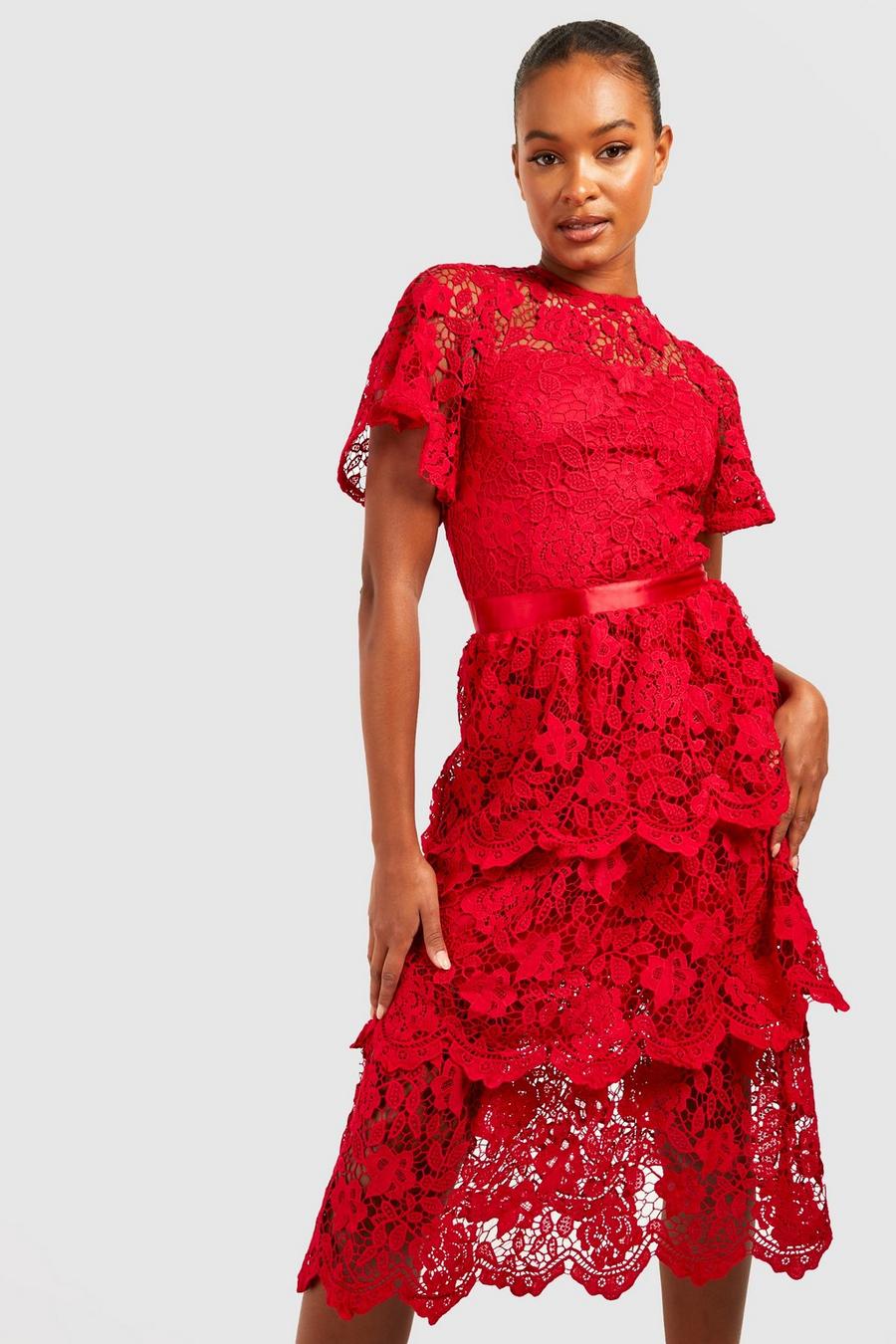 Berry Tall Premium Lace Tiered Midi Dress image number 1