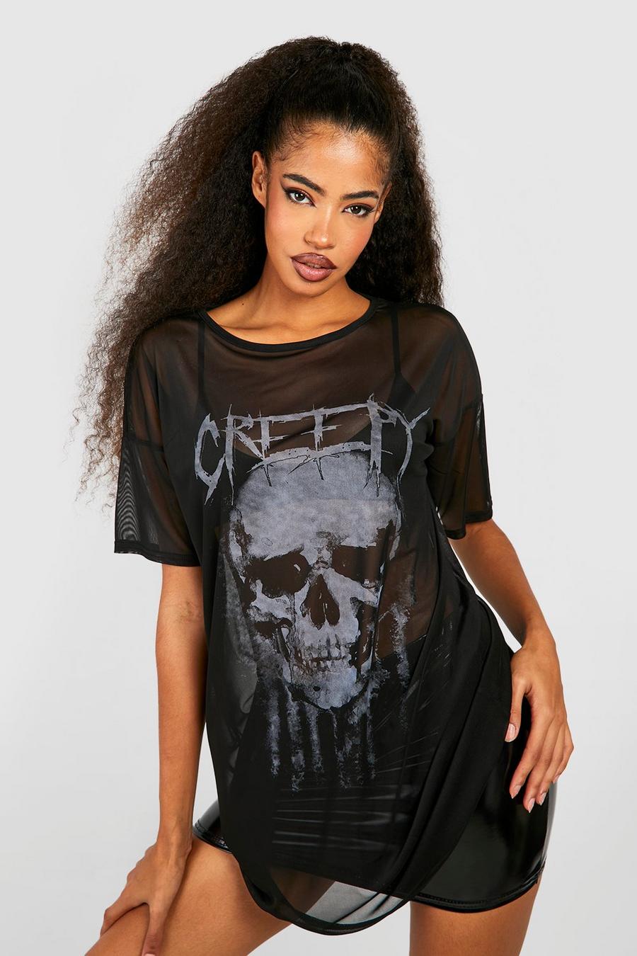 Black Halloween Skull Printed Mesh Oversized T-Shirt Dress