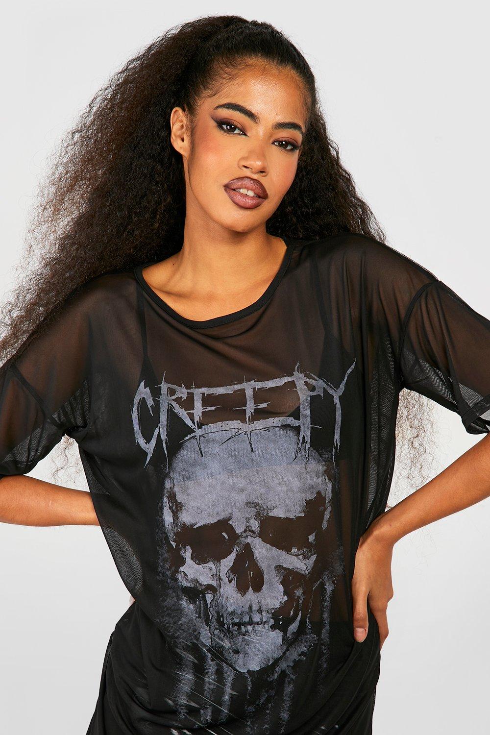 Halloween Skull Printed Mesh Oversized T shirt Dress boohoo NZ