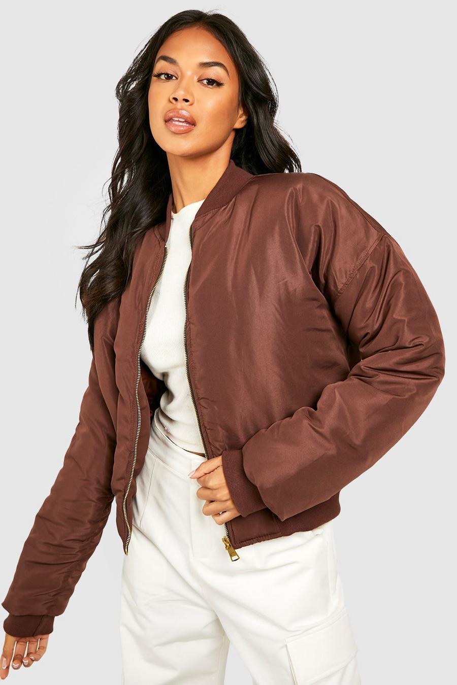 Chocolate brown Ruched Detail Bomber Jacket