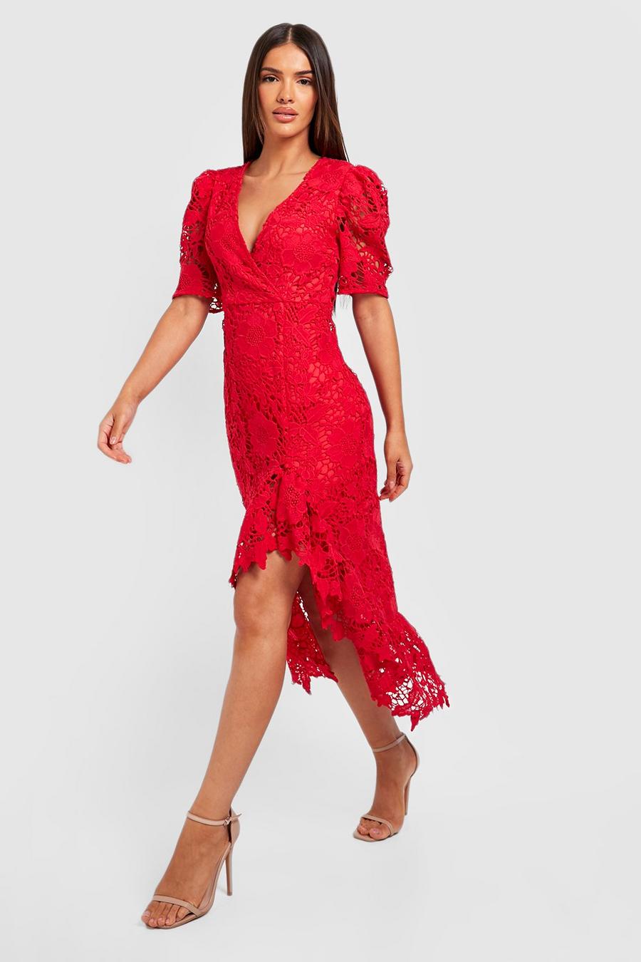 Red Crochet Lace Sleeve Hi Low Hem Midi Dress image number 1