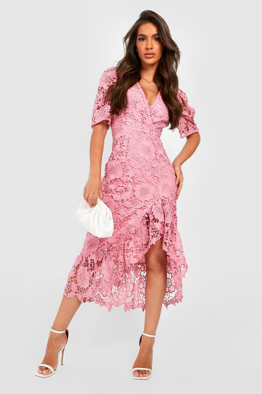 Rose pink Crochet Lace Sleeve Hi Low Hem Midaxi Dress