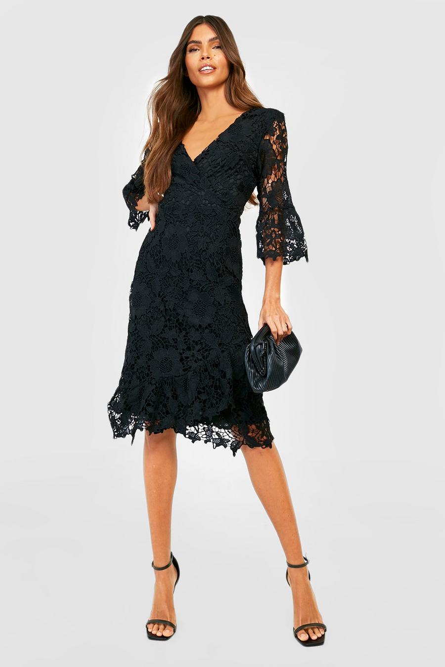 Black Crochet Lace Wrap Midi Dress image number 1