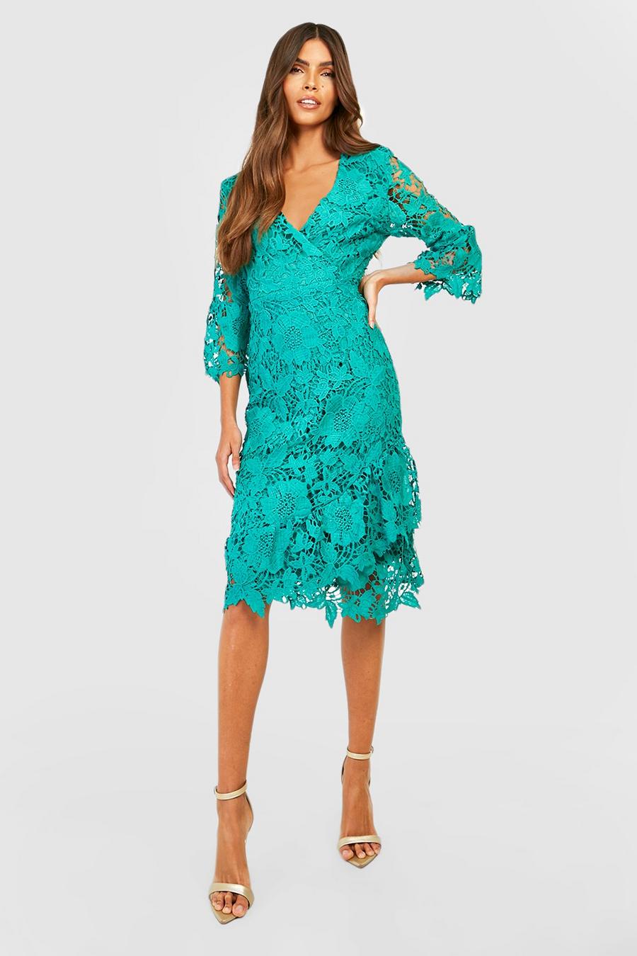 Emerald Crochet Lace Wrap Midi Dress image number 1