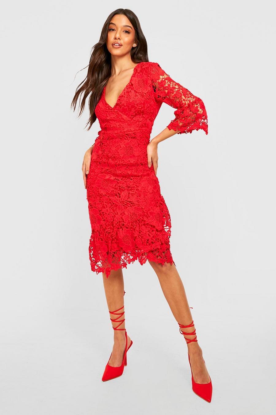 Red röd Crochet Lace Wrap Midi Dress image number 1