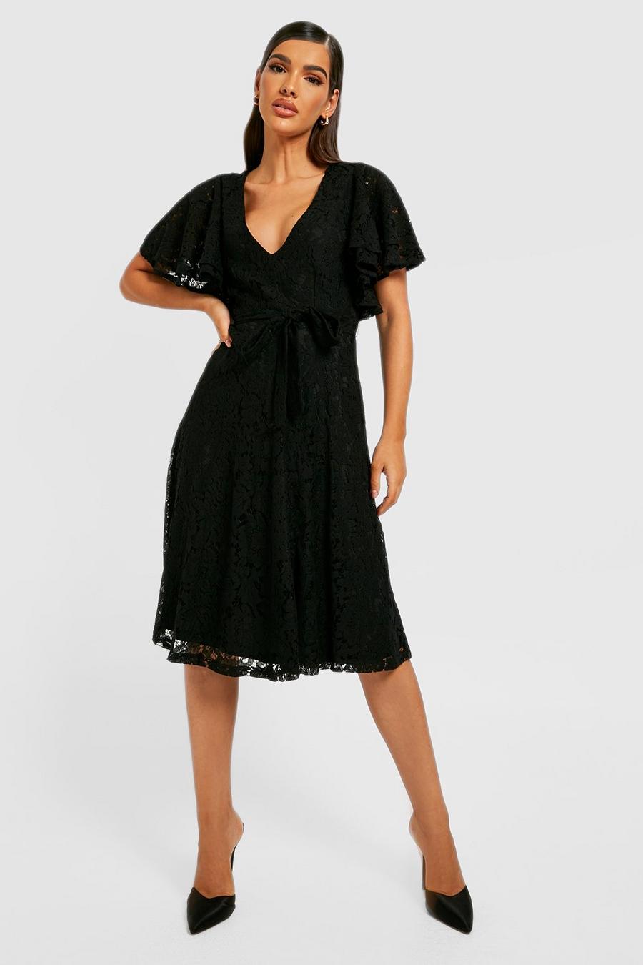 Black Lace Angel Sleeve Midi Dress image number 1