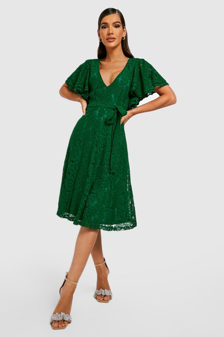 Emerald green Lace Angel Sleeve Midi Dress