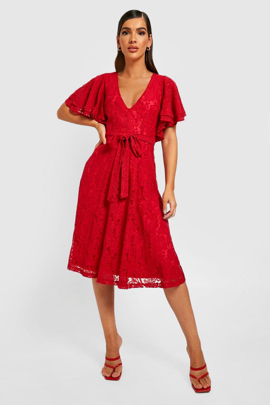 Red Lace Angel Sleeve Midi Dress image number 1