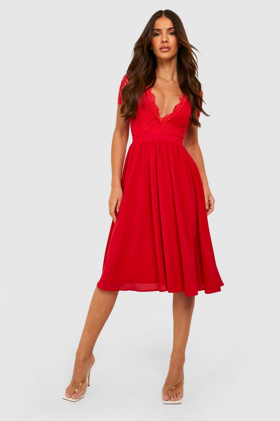 Red Lace Top Midi Dress image number 1