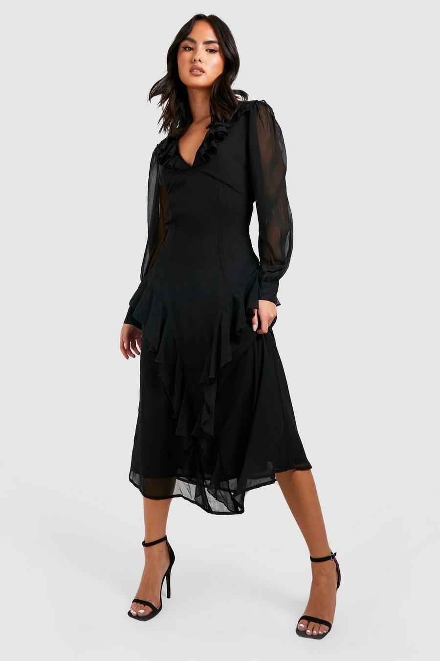 Vestito longuette classico con arricciature, Black image number 1